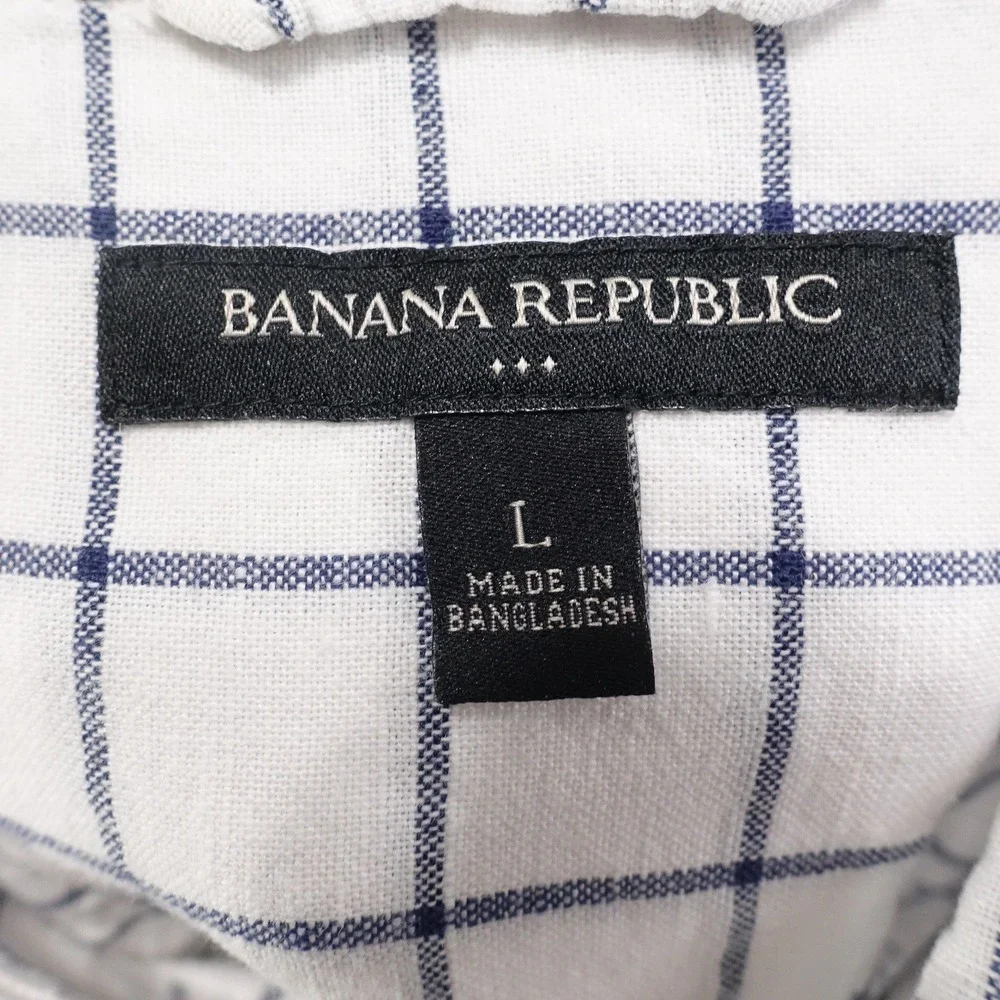 BANANA REPUBLIC LINEN COTTON BLEND WHITE CHECK BUTTON DOWN‎ SHIRT MENS SZ L
